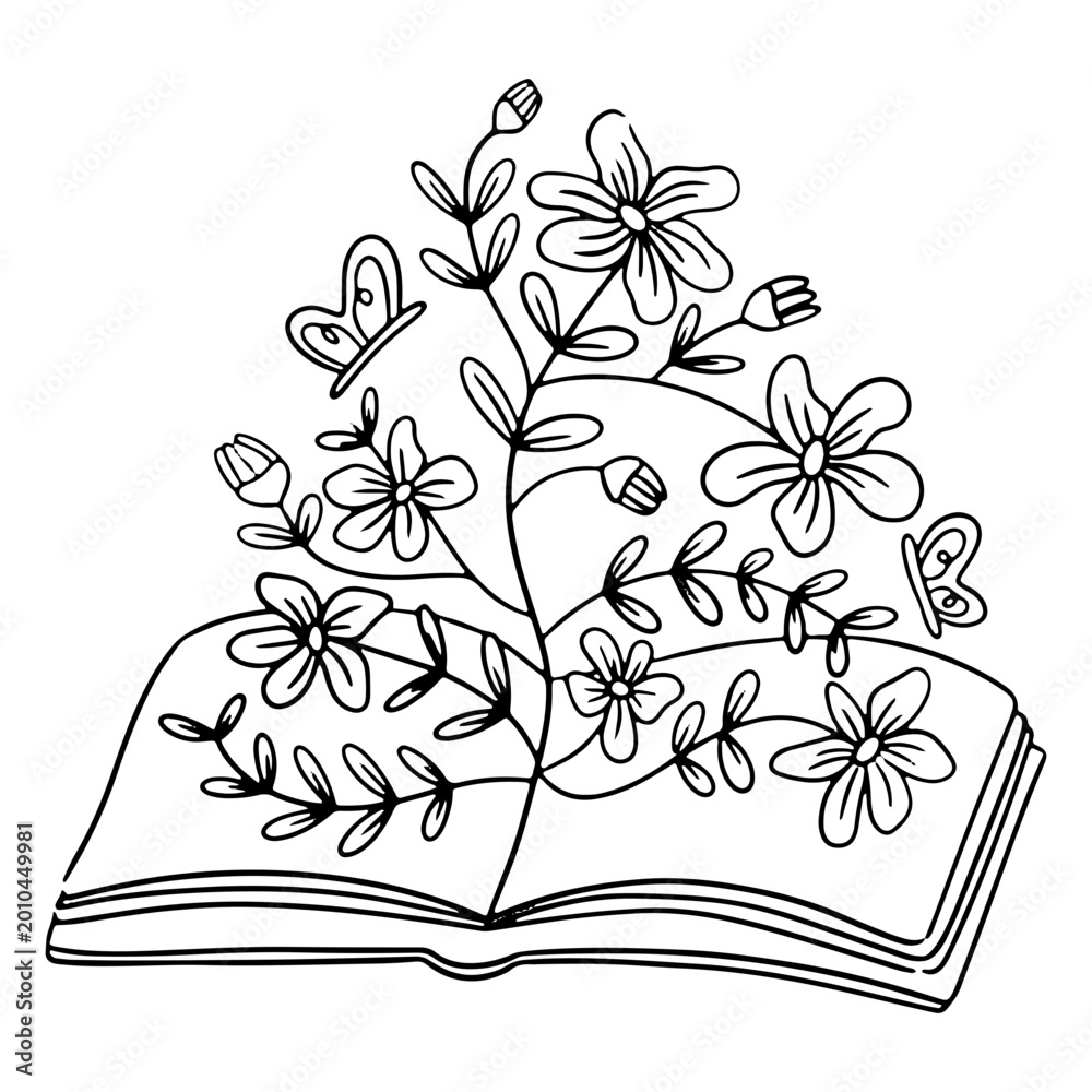 Fototapeta premium Whimsical book illustration with flowers and butterflies