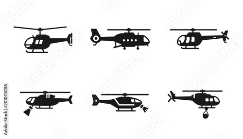 Canvas Print 6 Helicopter silhouette icons set, solid black style, aviation transport emergen
