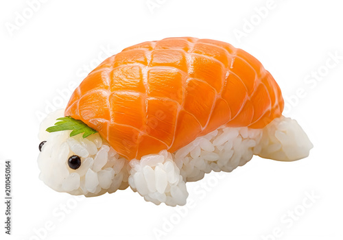Adorable salmon sushi turtle with rice body and green garnish isolated on a transparent background creative Japanese food art dish