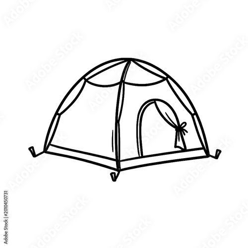 Minimalist camping tent line art illustration isolated on white background for outdoor adventure and travel concepts