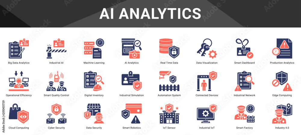 Obraz premium AI ANALYTICS Icon set collection. Vector icon pack featuring thematic icons for your presentations or business.
