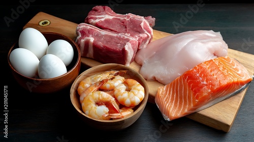 Fresh raw protein sources including white eggs, shrimp, red meat, chicken breast, and salmon fillet on wooden board against dark background