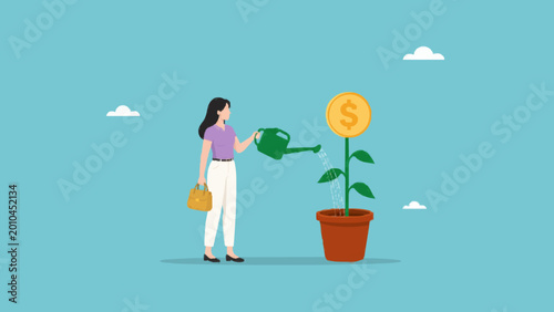 Tableau sur toile Business woman watering plant with money coin on top for wealth accumulation concept