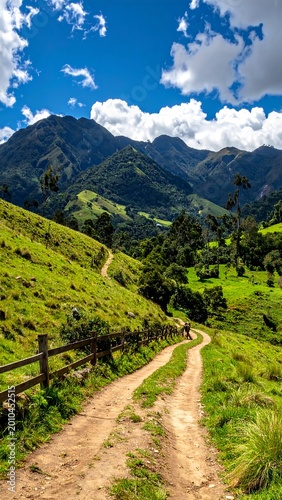 Winding dirt path through vibrant green hills under a bright blue sky