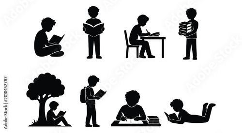 Set of School Boy Silhouettes Reading and Studying - Education Concept with Kids Reading Books, Writing at Desk, and Carrying School Bag
