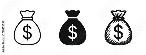 Bild auf Leinwand Money bag with dollar sign icon set in line, solid and hand drawn styles