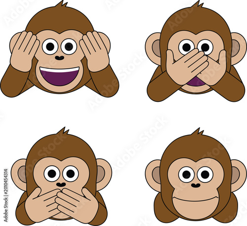 Photography Cute monkey emoji set see hear speak no evil cartoon animal character illustrati