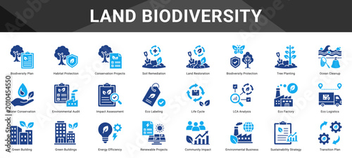 LAND BIODIVERSITY  Icon set collection. Vector icon pack featuring thematic icons for your presentations or business.