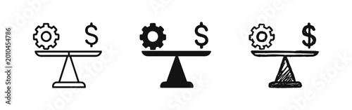 Fotografie Economic Balance Icon Set with Scales Weighing Gear and Dollar Sign