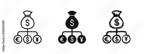 Schilderij op canvas Global Currency Exchange Icon Set with Money Bag and Foreign Currencies