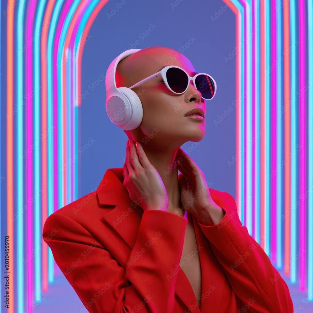 Fototapeta premium Woman posing with headphones in neon arch light tunnel