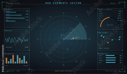 Foto Futuristic hud interface with radar screen, telemetry data, and system diagnosti