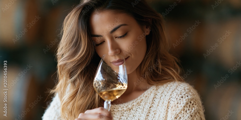 Fototapeta premium Woman sipping white wine in cozy barrel cellar environment