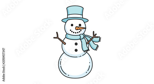 Photography A cheerful snowman wearing a blue scarf and hat with a carrot nose on a white ba