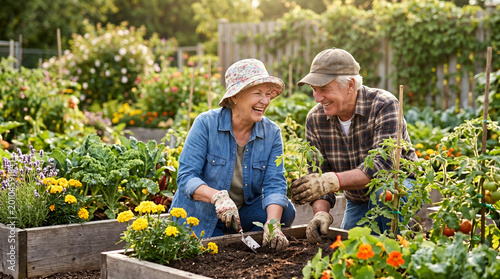 Elderly couple gardening together in sunlight with vibrant flowers  
