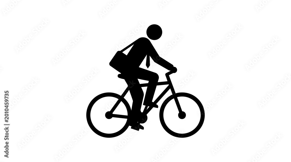 Obraz premium Black silhouette of a man in a tie and shoulder bag riding a bicycle, symbolizing urban commuting and sustainable transport.