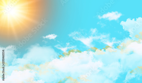 Bright sun shining in a clear blue sky with fluffy clouds