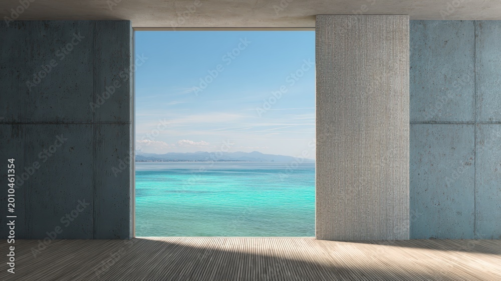 Fototapeta premium Bright Turquoise Ocean View Through Modern Concrete Frame, Serene Coastal Vista.