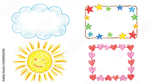 Colorful Chalk Doodle Sun Cloud and Decorative Frames on Transparent Background