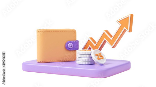 Colorful Digital Wallet with Rising Arrow and Coin Stack on Purple Platform