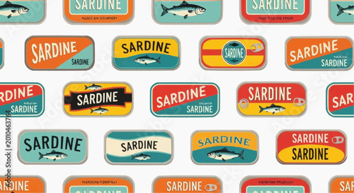 Seamless pattern with vintage sardine cans, retro fish tin packaging design, vector illustration