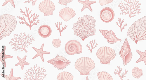 Seamless pattern with handdrawn seashells, starfish and corals