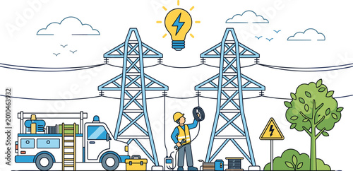 Electric power line maintenance with worker repairing transmission towers, energy infrastructure concept, utility service vector illustration design