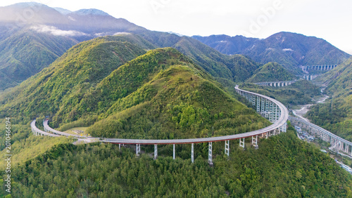 Tableau sur toile Aerial View of YaXi Highway Double Spiral Tunnel in Sichuan, China – Mountainous