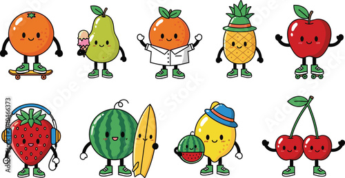 Canvas Print Collection of cute kawaii fruit mascot characters featuring orange on skateboard, surfing watermelon, and apple on roller skates for children's summer active lifestyle designs