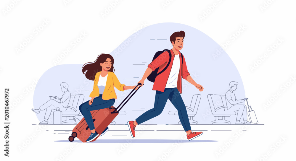 Fototapeta premium Couple with luggage rushing through an airport terminal