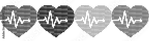Risograph style halftone icons - heart with pulse. Healthcare medical and patient treatment. Editorial vector design. High-contrast monochrome detail.