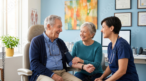 Elderly couple smiling during checkup with female doctor in clinic  