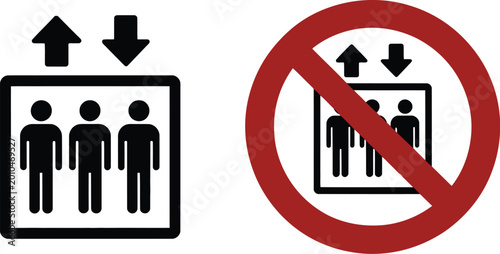 Universal elevator out of service icon set, maintenance and prohibitory lift symbols for building safety, escalator shutdown signs, broken lift warning icons, clean vector illustration, isolated on 