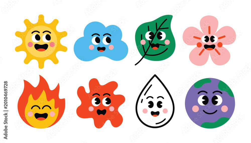 Obraz premium Elemental vector icons fire water earth air cute cartoon style graphics