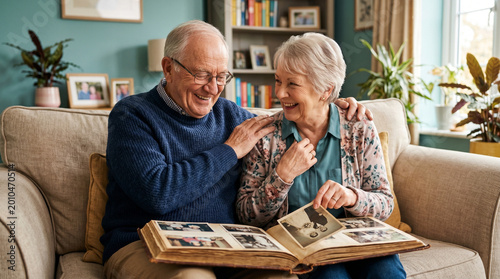 Elderly couple smiling while looking at photo album in cozy living room  