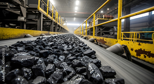 coal conveyor belt in industrial mining facility with yellow railings