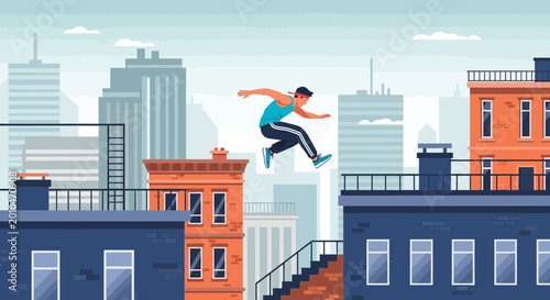 Tableau sur toile Man performs parkour jump over buildings in urban cityscape