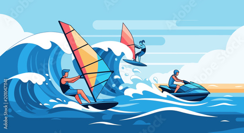 Konstfotografi Active people windsurfing and riding jet ski on ocean waves, summer water sports