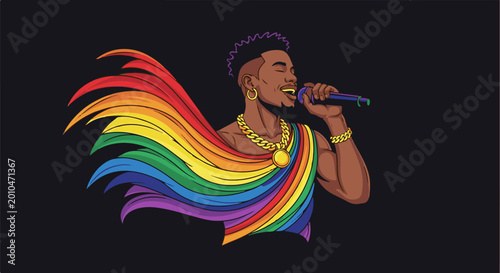 Stylized portrait of a person wearing a rainbow cape and singing into a microphone