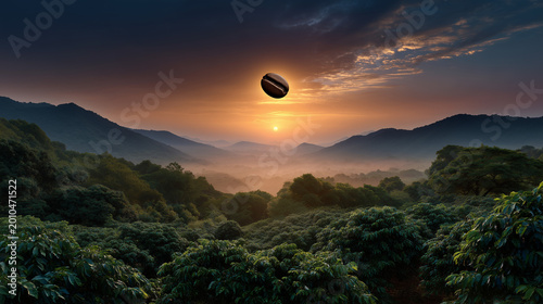 Single roasted coffee bean floating in the air over a lush green coffee plantation at sunrise, misty mountain landscape with golden morning light.