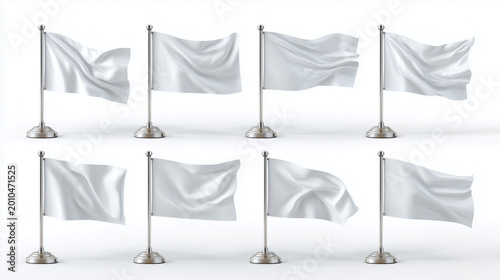 Set of small white desk flags on silver poles isolated on white background.
