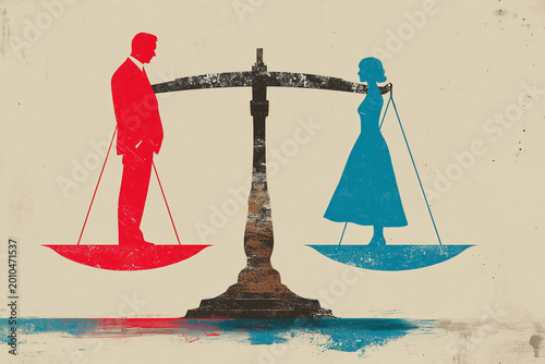 The illustration depicts a man and a woman standing on a scale, conveying the concepts of gender equality, human rights, justice, and social balance.