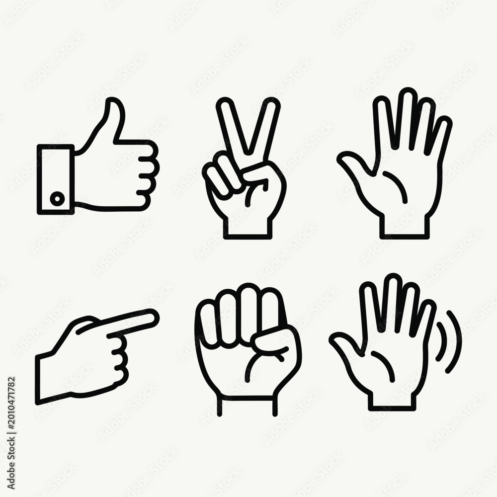 Fototapeta premium Set of six black outline hand gesture on a light background collection thumbs up