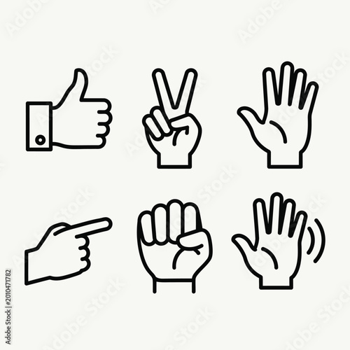 Set of six black outline hand gesture on a light background collection thumbs up