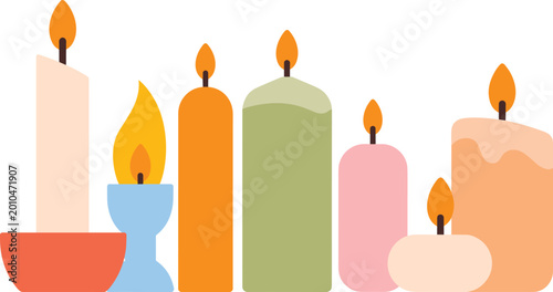 Colorful Burning Candles Vector Set with Wax Pillars and Votive Holders for Aromatherapy Spa Relaxation Christmas and Romantic Table Decor Designs