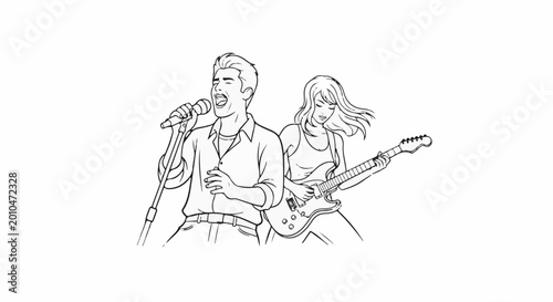 Energetic duo man sings into microphone, woman plays electric guitar