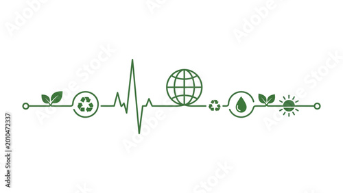 Eco-Pulse: A striking, minimalist illustration conveys the vital connection between the Earth and the essence of sustainability. Depicting a green heartbeat encompassing the earth, recycling symbols.