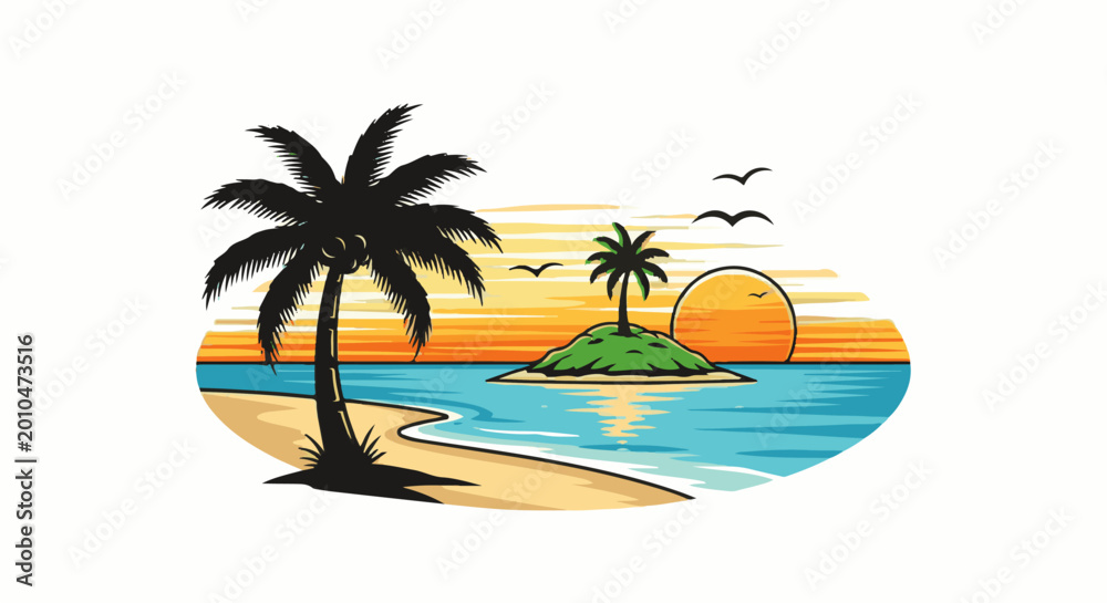 Obraz premium Silhouette of palm trees on a beach at sunset with a small island offshore