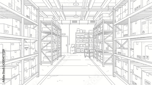 A detailed line drawing of a large warehouse interior filled with shelves stacked high with boxes, illustrating a scene of organized storage and logistics.