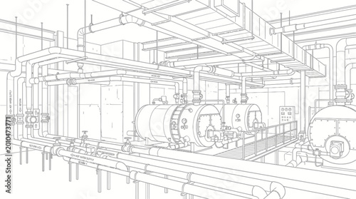 Detailed architectural sketch of an industrial boiler room with complex piping systems and large cylindrical tanks.